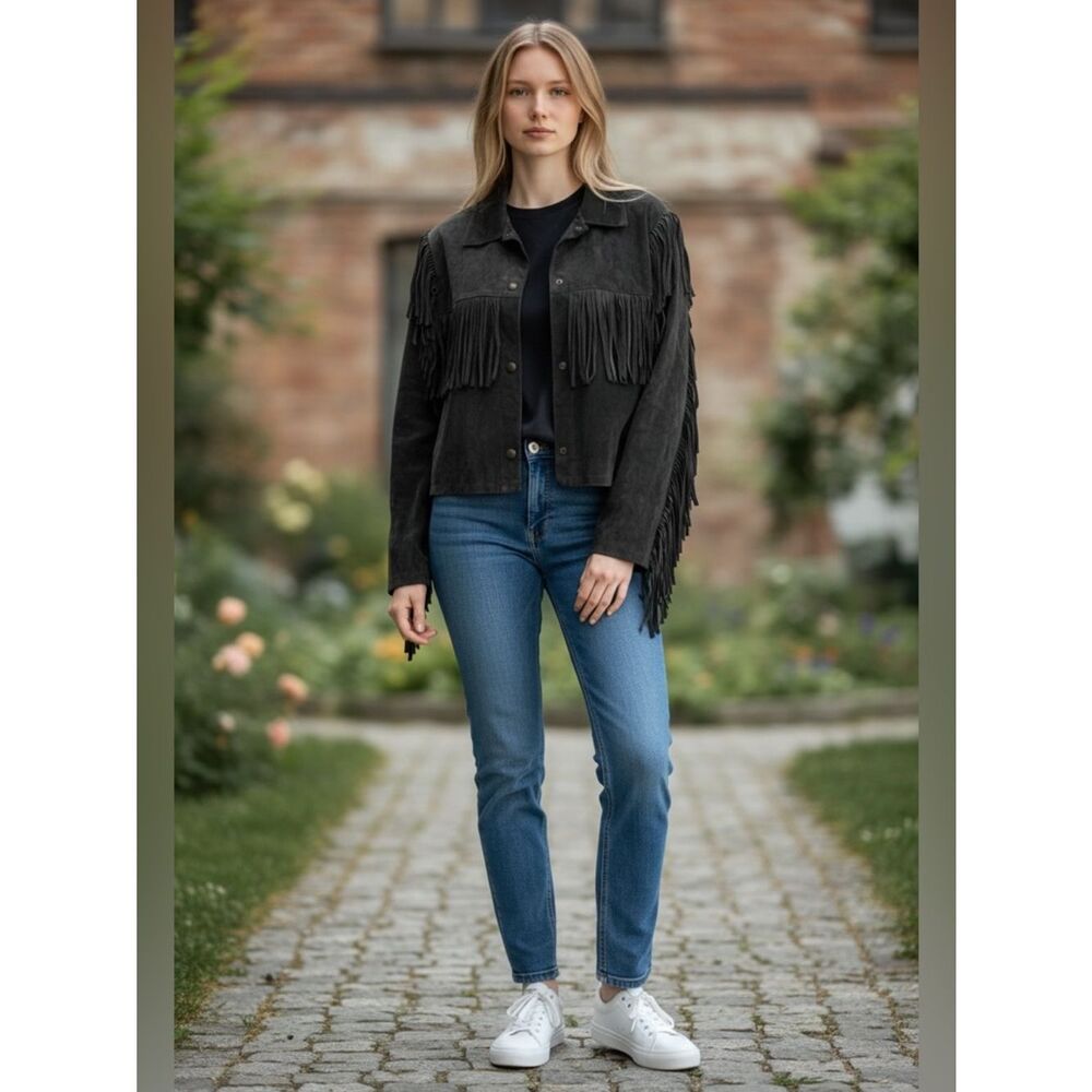 Rylee + Cru Black Fringe Snap Button Front Faux Suede Jacket Size M
